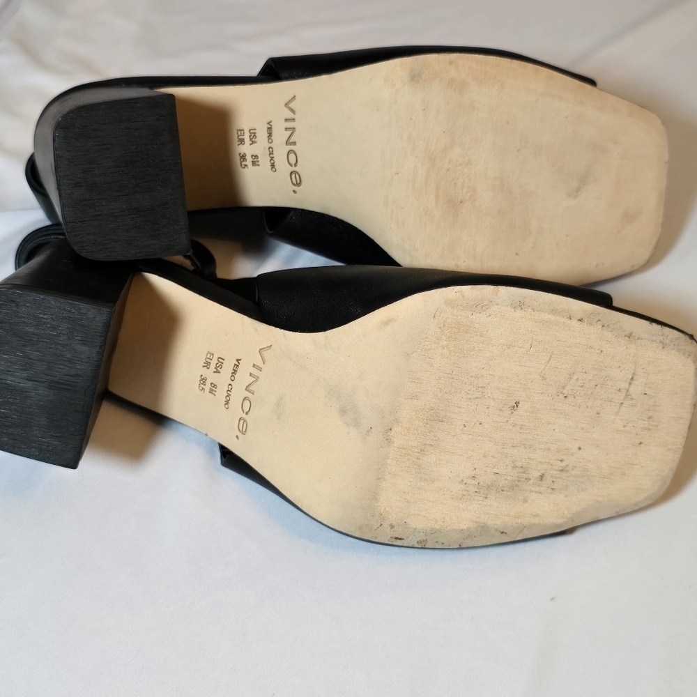 Vince. Black Leather Open Toe Stack Heel Sandals Square Toe Shoes, sz 8 - Picture 8 of 11